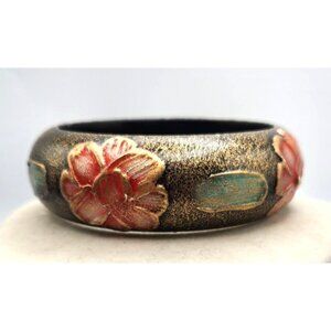 Vintage 1970's Hand Painted Flower Lacquered Wooden Bracelet